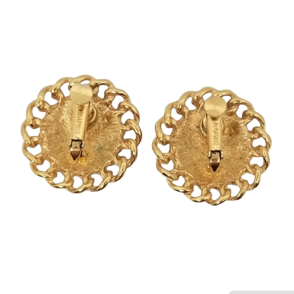 VINTAGE NAPIER LARGE ROUND GOLDTONED  & RED ENAMEL STATEMENT CLIP ON EARRINGS